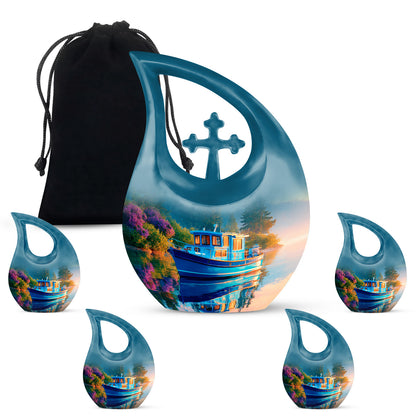 Cornflower Blue Boat Cremation Urn urn with complimentary velvet bag - devotional cross-drop boat engraving - memorial set with one large and four small urns