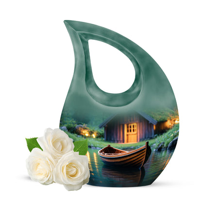 Green Sacred Boat Cremation Urns for Human Ashes - 10-inch, 200 cu in - Yatskia