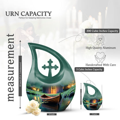 Pine Green Boat Cremation Urn back view with polished surface - devotional cross-drop boat engraving - mini keepsake memorial for portion of cremation ashes