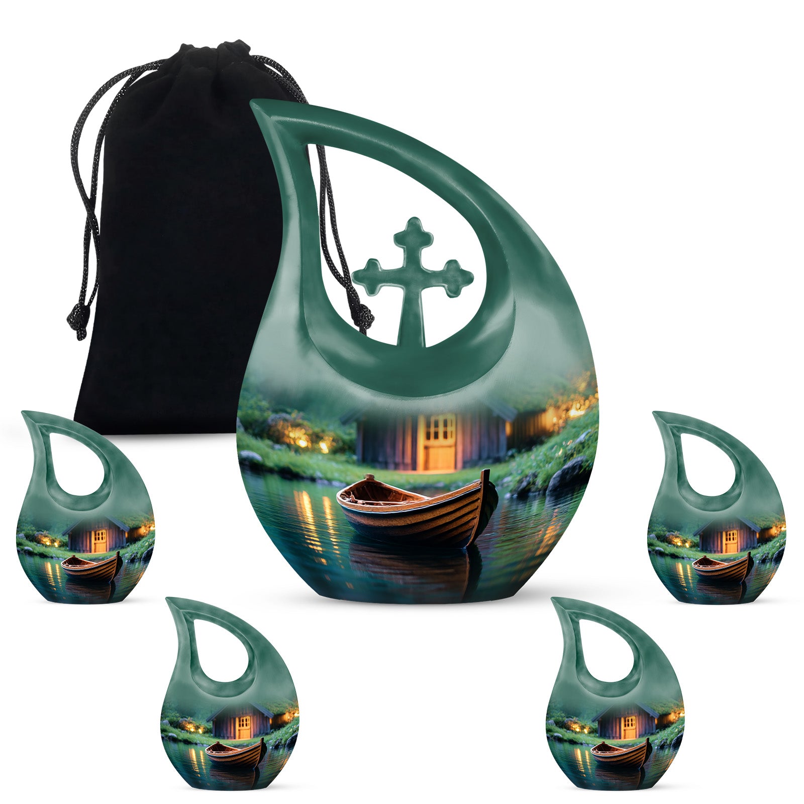 Emerald Green Boat Cremation Urn urn with complimentary velvet bag - cross and boat combined in spiritual memorial design - memorial set with one large and four small urns