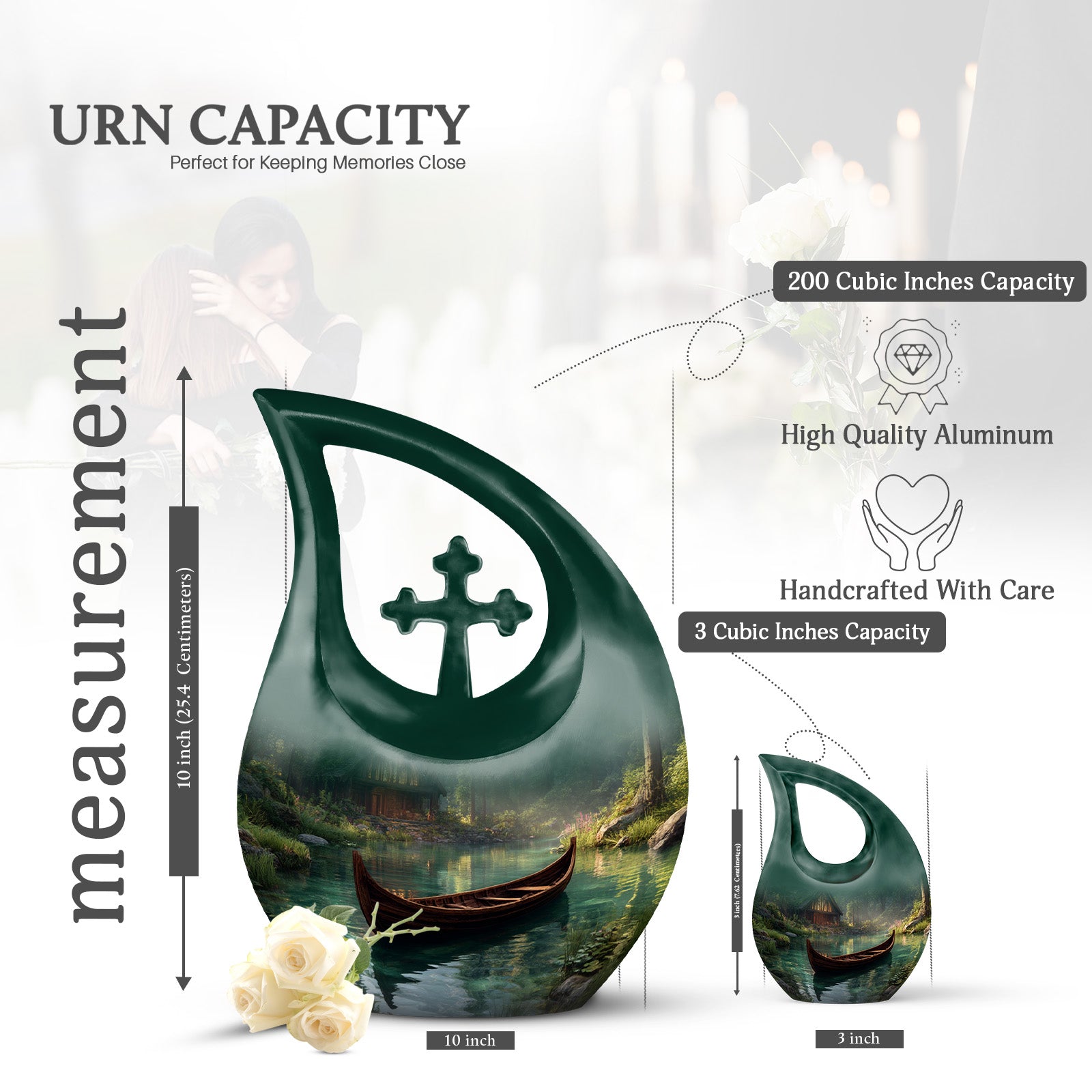 Deep Black Boat Cremation Urn back view with polished surface - cross and boat combined in spiritual memorial design - mini keepsake memorial for portion of cremation ashes