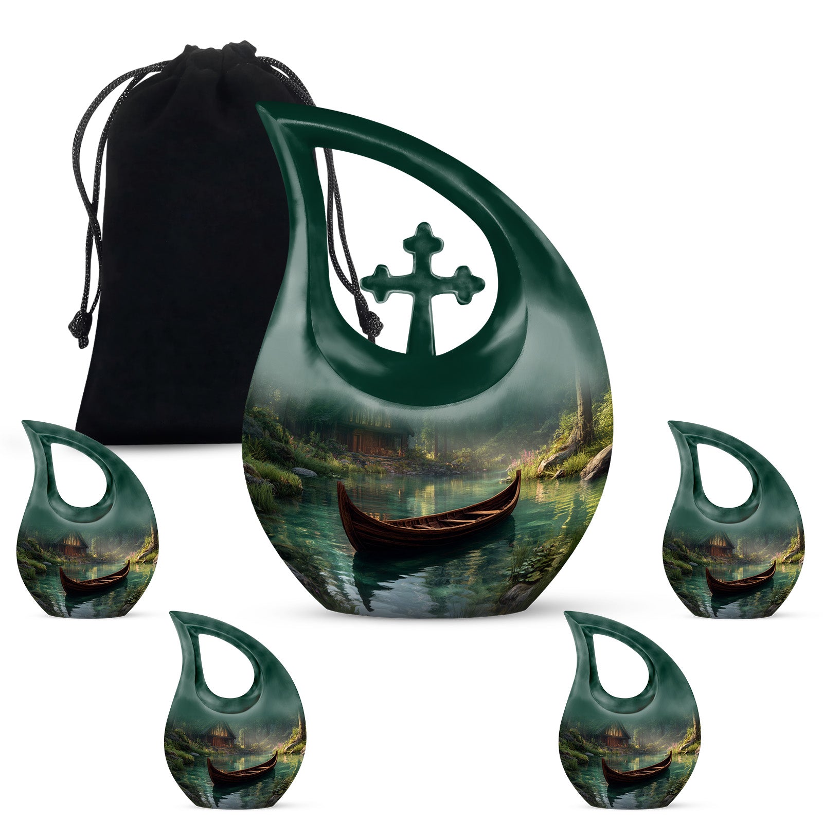 Rich Black Boat Cremation Urn urn with complimentary velvet bag - cross and boat combined in spiritual memorial design - memorial set with one large and four small urns