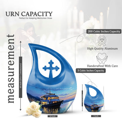 Sky Blue Boat Cremation Urn back view with polished surface - cross and boat combined in spiritual memorial design - mini keepsake memorial for portion of cremation ashes