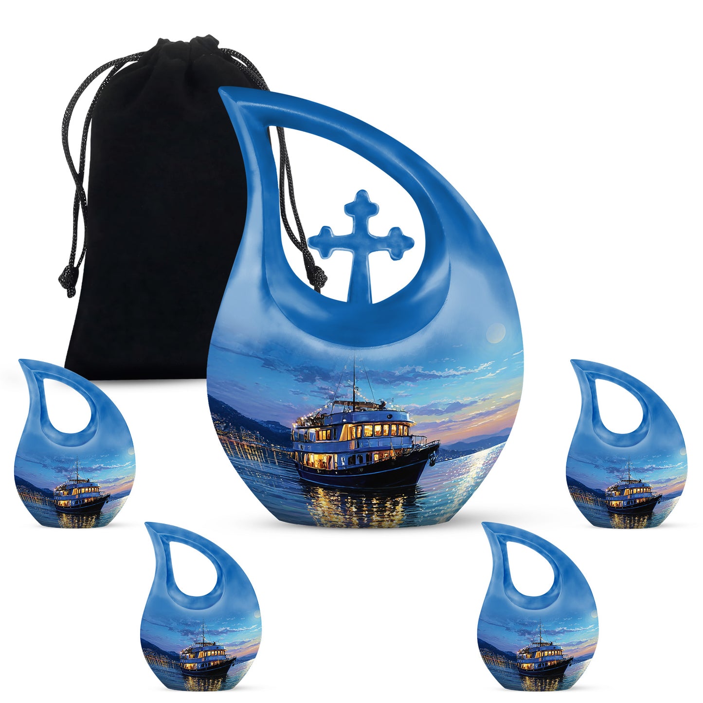 Sapphire Blue Boat Cremation Urn urn with complimentary velvet bag - devotional cross-drop boat engraving - memorial set with one large and four small urns