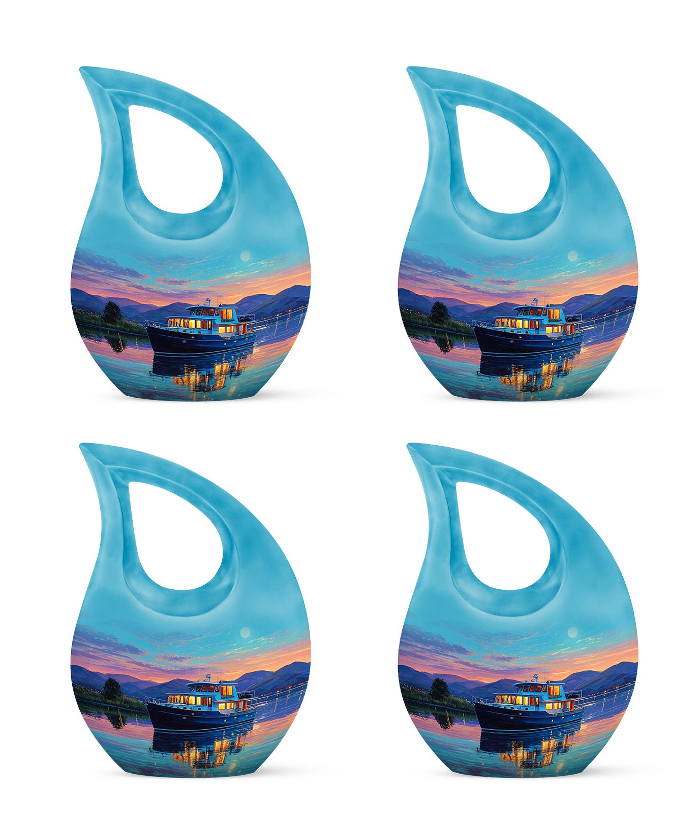 Sea Green Teal Boat Cremation Urn lifestyle display on memorial shelf - sacred cross merged with boat motif on metal - 10 inch aluminum urn for cremated remains
