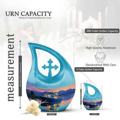 Ocean Teal Boat Cremation Urn back view with polished surface - sacred cross merged with boat motif on metal - mini keepsake memorial for portion of cremation ashes