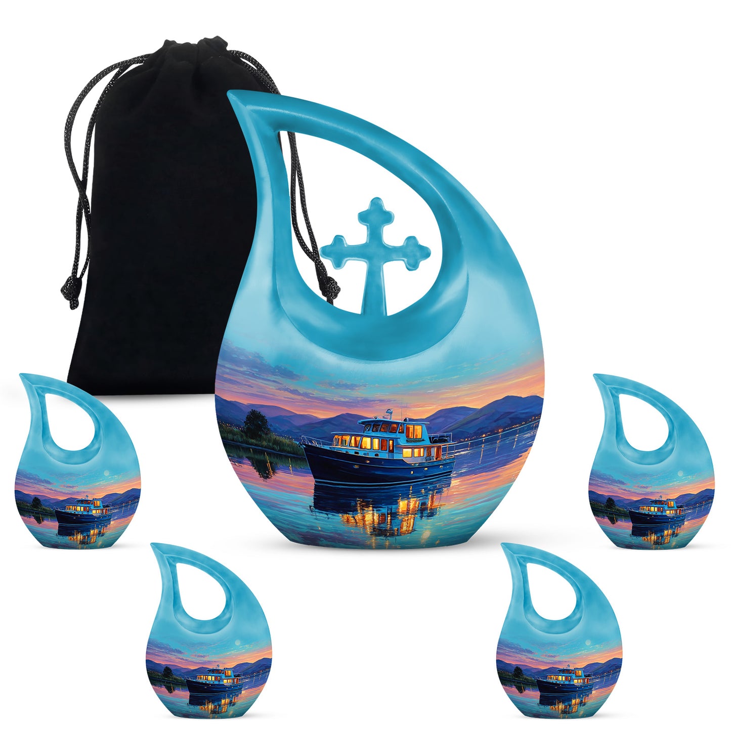 Soft Teal Boat Cremation Urn urn with complimentary velvet bag - cross and boat combined in spiritual memorial design - memorial set with one large and four small urns