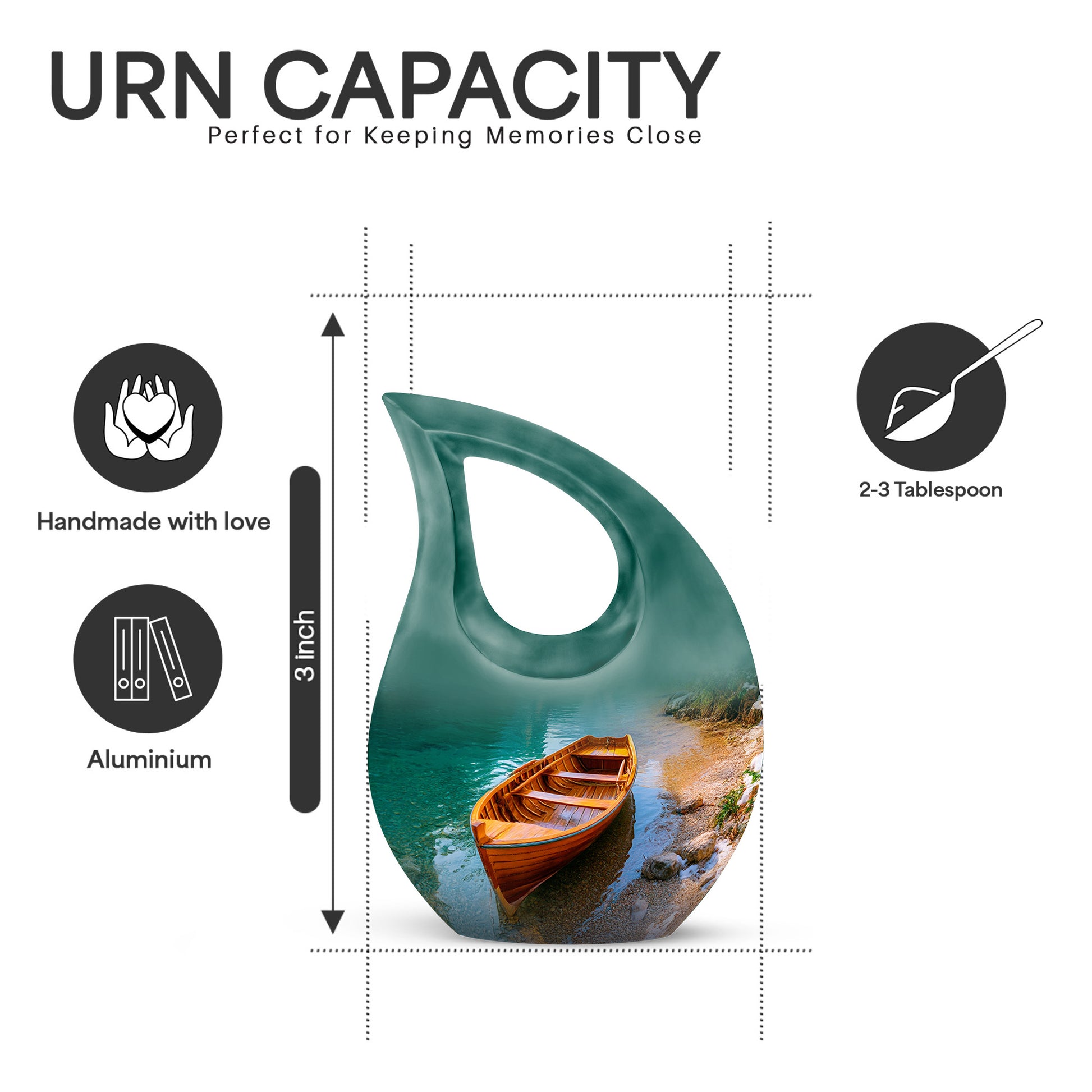 Ocean Teal Boat Cremation Urn back view with polished surface - cross and boat combined in spiritual memorial design - mini keepsake memorial for portion of cremation ashes
