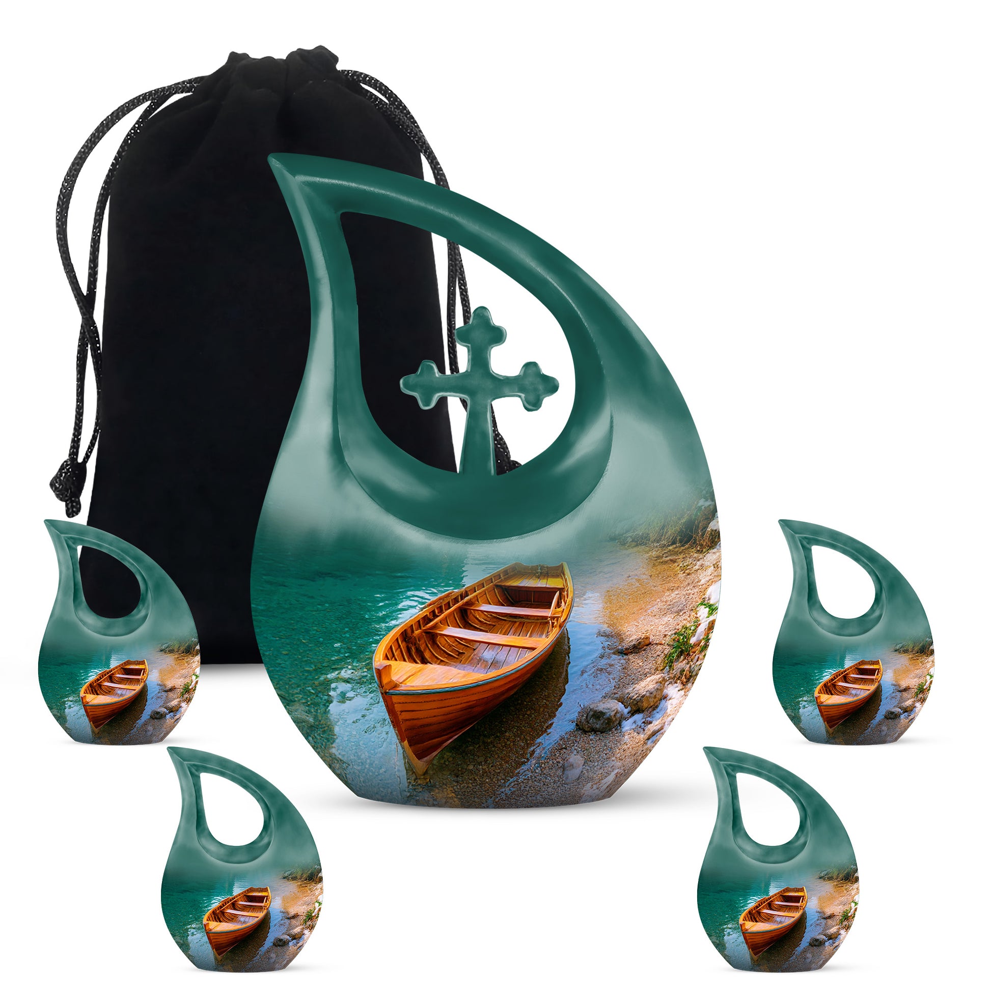Vivid Teal Boat Cremation Urn urn with complimentary velvet bag - devotional cross-drop boat engraving - memorial set with one large and four small urns