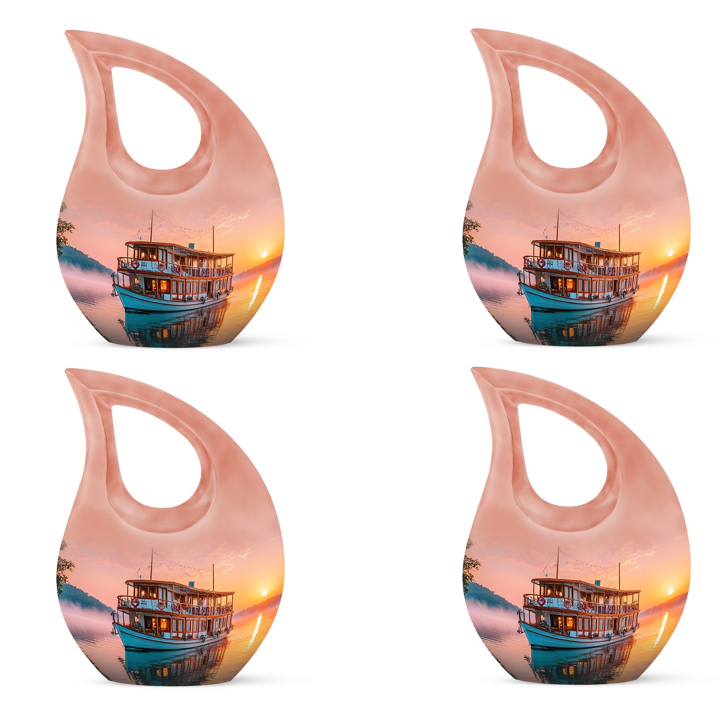 Garnet Red Boat Cremation Urn lifestyle display on memorial shelf - cross and boat combined in spiritual memorial design - 10 inch aluminum urn for cremated remains