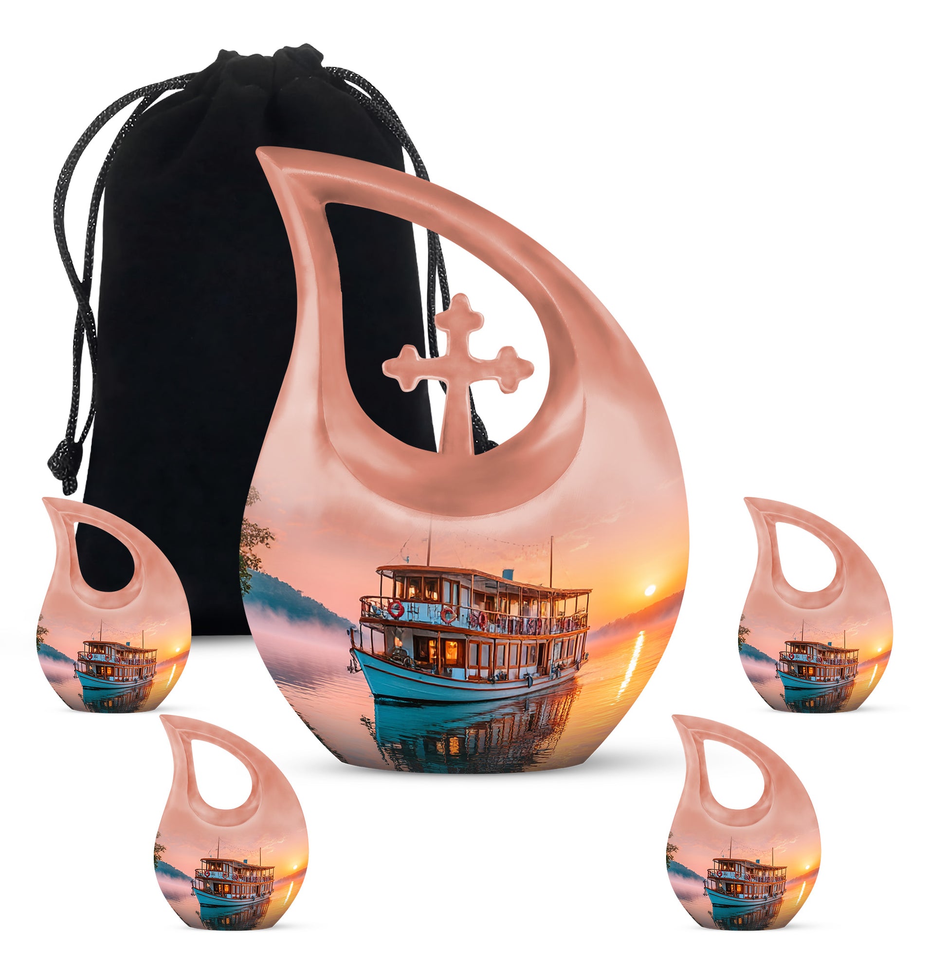 Ruby Red Boat Cremation Urn urn with complimentary velvet bag - devotional cross-drop boat engraving - memorial set with one large and four small urns
