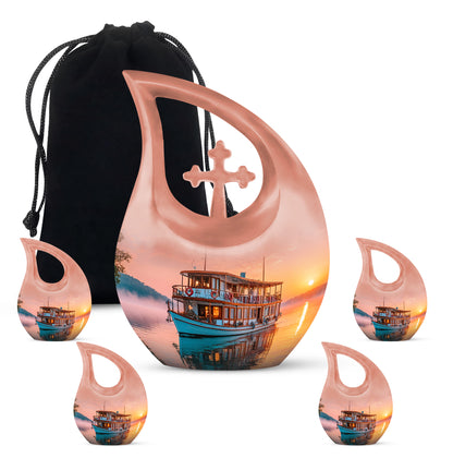 Ruby Red Boat Cremation Urn urn with complimentary velvet bag - devotional cross-drop boat engraving - memorial set with one large and four small urns