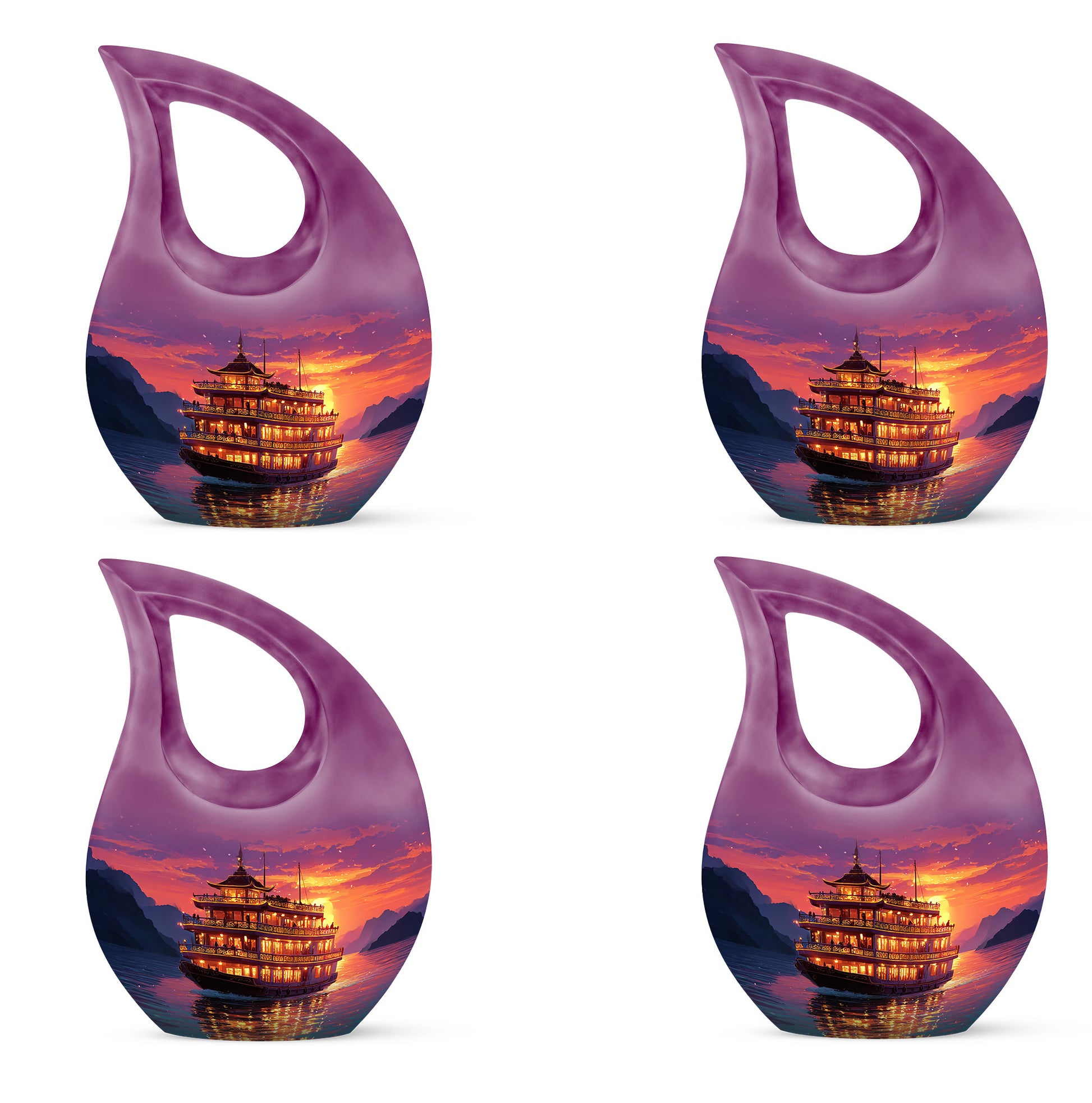 Orchid Purple Boat Cremation Urn lifestyle display on memorial shelf - cross and boat combined in spiritual memorial design - 10 inch aluminum urn for cremated remains
