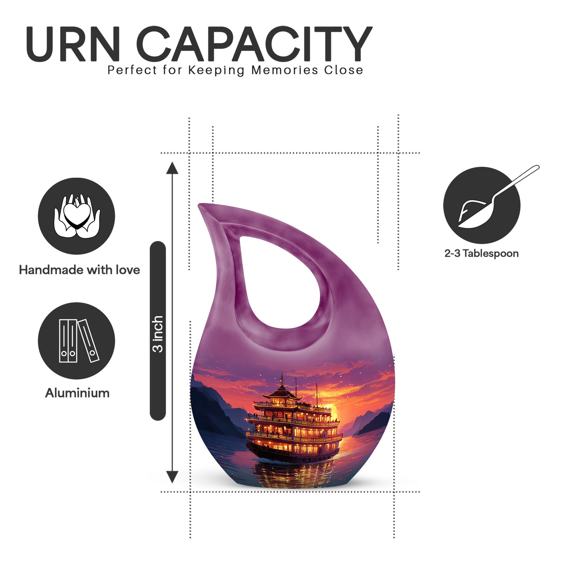 Amethyst Purple Boat Cremation Urn back view with polished surface - sacred cross merged with boat motif on metal - mini keepsake memorial for portion of cremation ashes