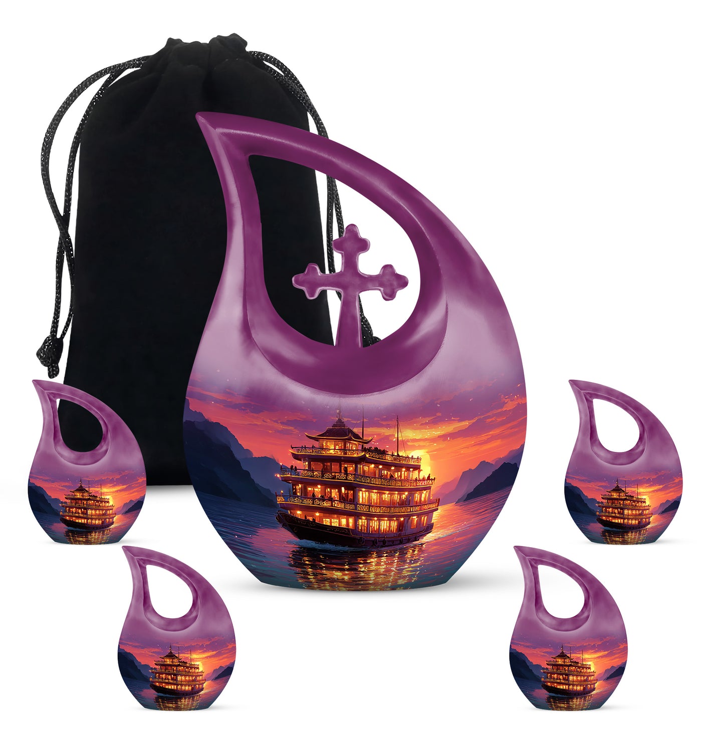 Plum Purple Boat Cremation Urn urn with complimentary velvet bag - sacred cross merged with boat motif on metal - memorial set with one large and four small urns
