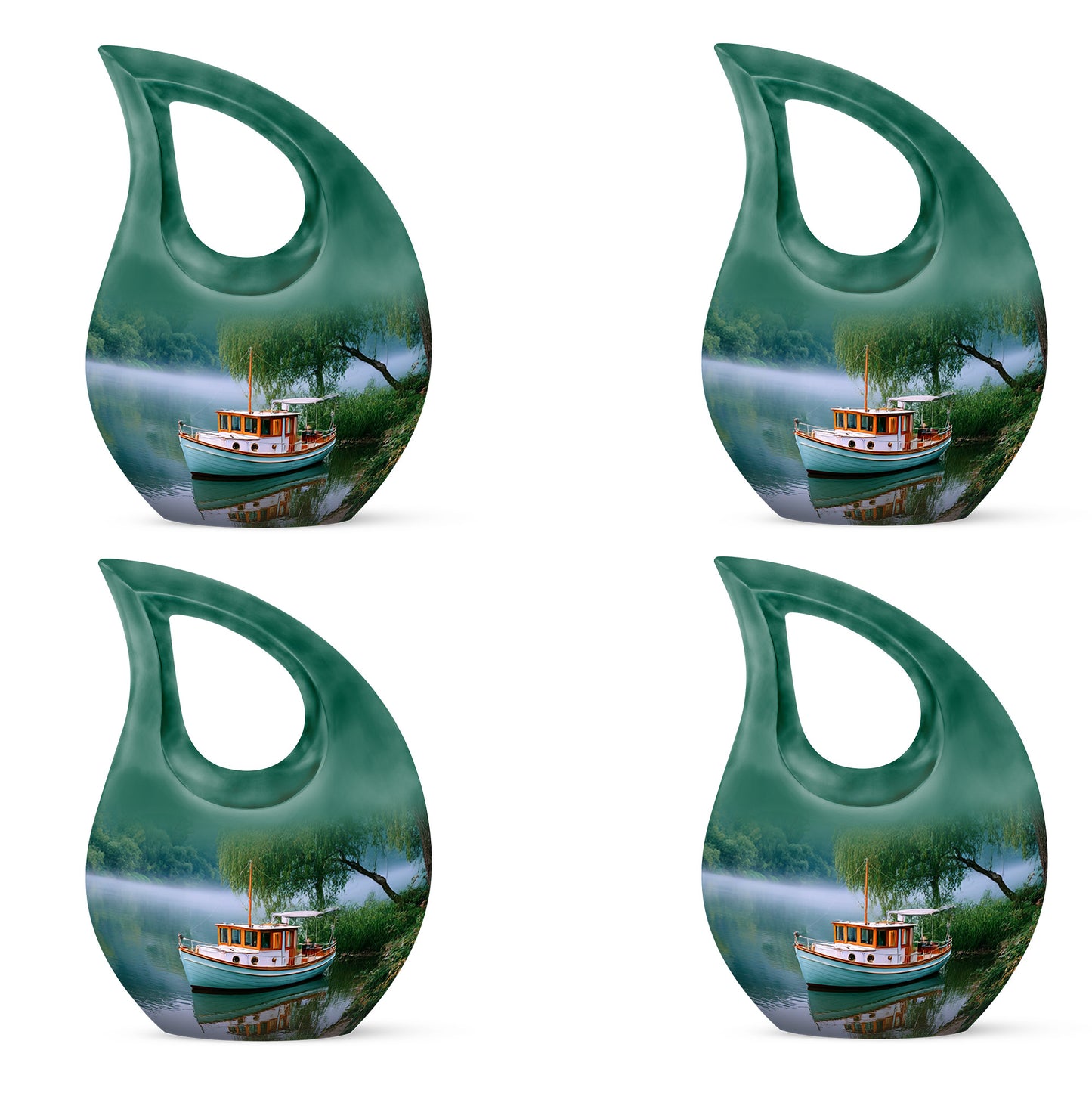 Vivid Teal Boat Cremation Urn lifestyle display on memorial shelf - devotional cross-drop boat engraving - 10 inch aluminum urn for cremated remains
