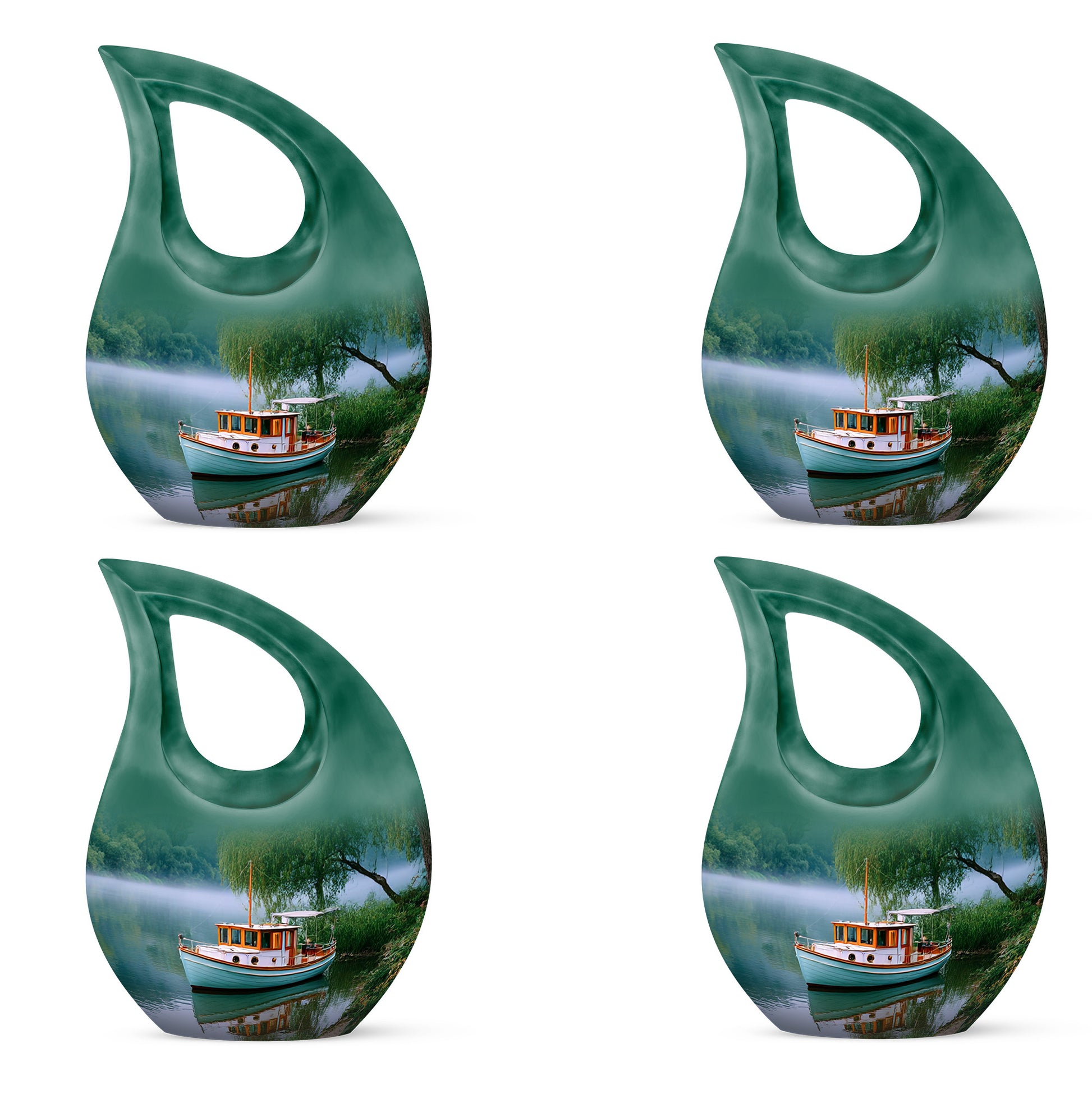 Vivid Teal Boat Cremation Urn lifestyle display on memorial shelf - devotional cross-drop boat engraving - 10 inch aluminum urn for cremated remains