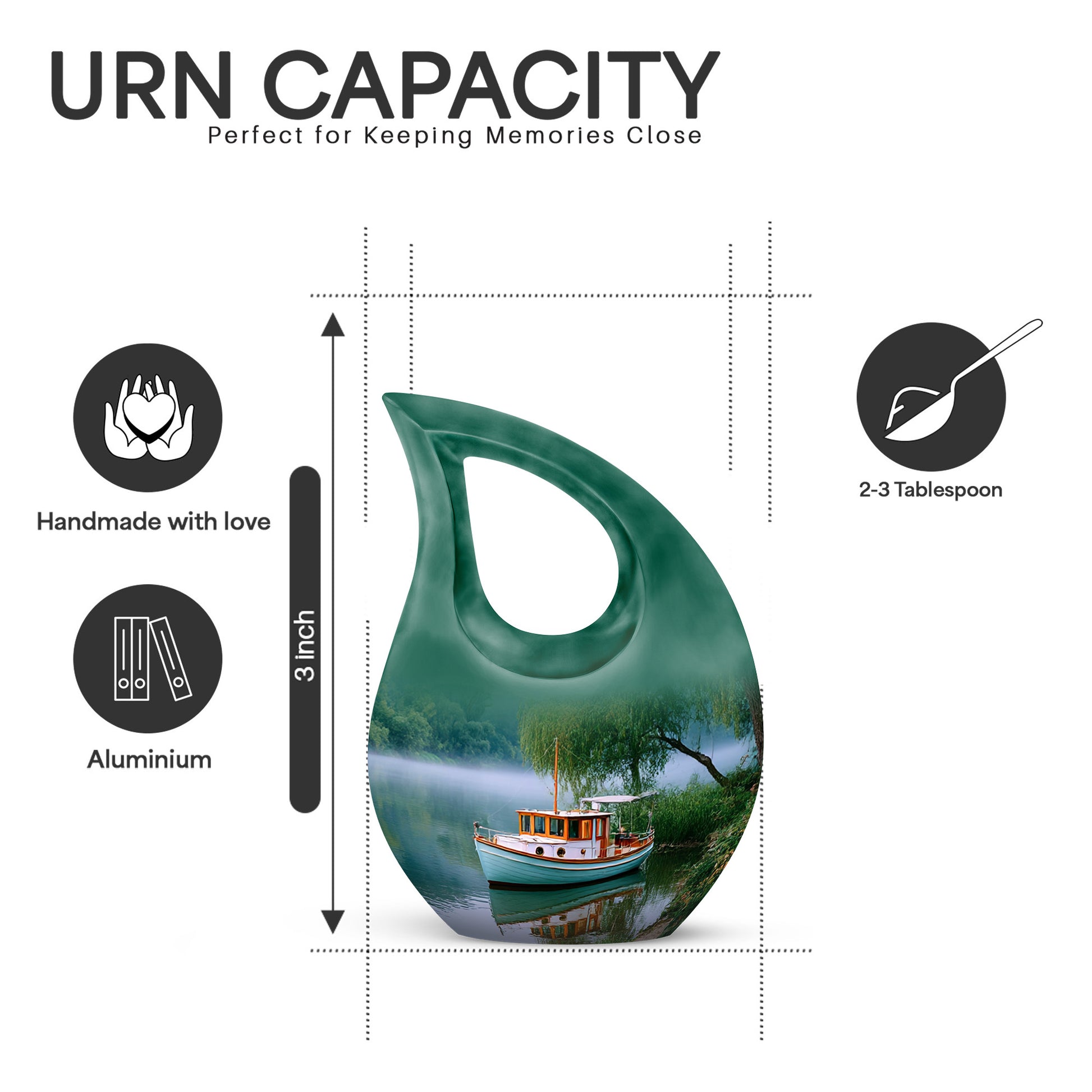 Mystic Teal Boat Cremation Urn back view with polished surface - faith-inspired cross-drop urn with boat pattern - mini keepsake memorial for portion of cremation ashes