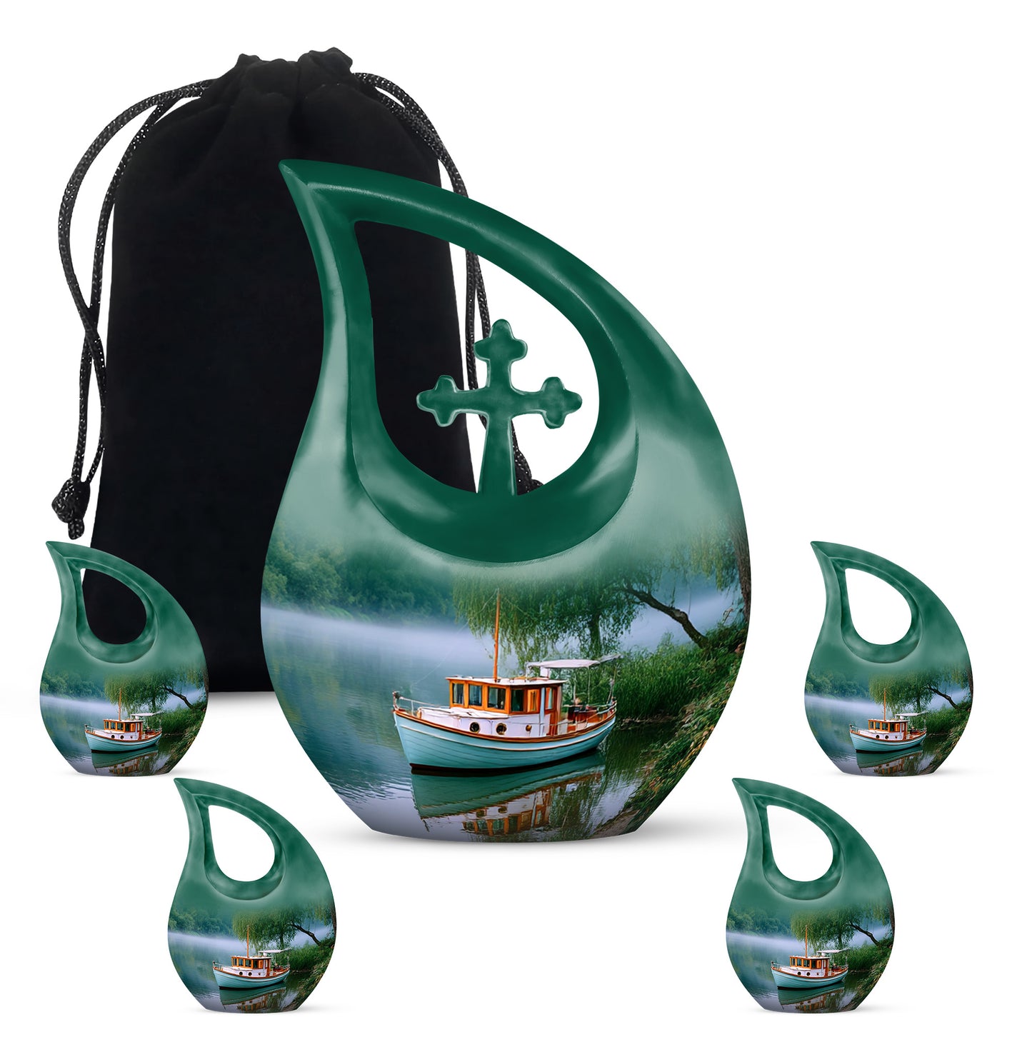 Deep Teal Boat Cremation Urn urn with complimentary velvet bag - devotional cross-drop boat engraving - memorial set with one large and four small urns