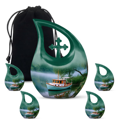 Deep Teal Boat Cremation Urn urn with complimentary velvet bag - devotional cross-drop boat engraving - memorial set with one large and four small urns