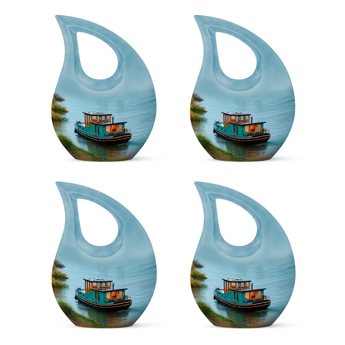 Cool Teal Boat Cremation Urn lifestyle display on memorial shelf - sacred cross merged with boat motif on metal - 10 inch aluminum urn for cremated remains