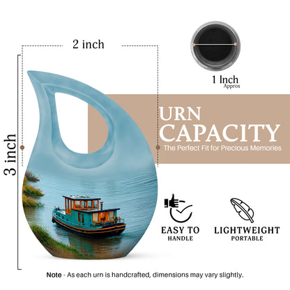 Vivid Teal Boat Cremation Urn back view with polished surface - devotional cross-drop boat engraving - mini keepsake memorial for portion of cremation ashes