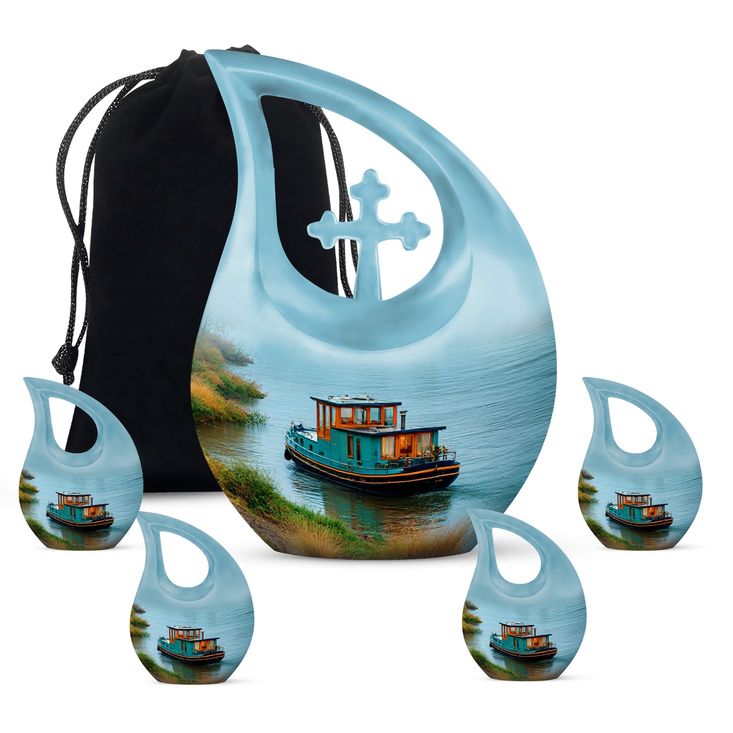 Deep Teal Boat Cremation Urn urn with complimentary velvet bag - faith-inspired cross-drop urn with boat pattern - memorial set with one large and four small urns