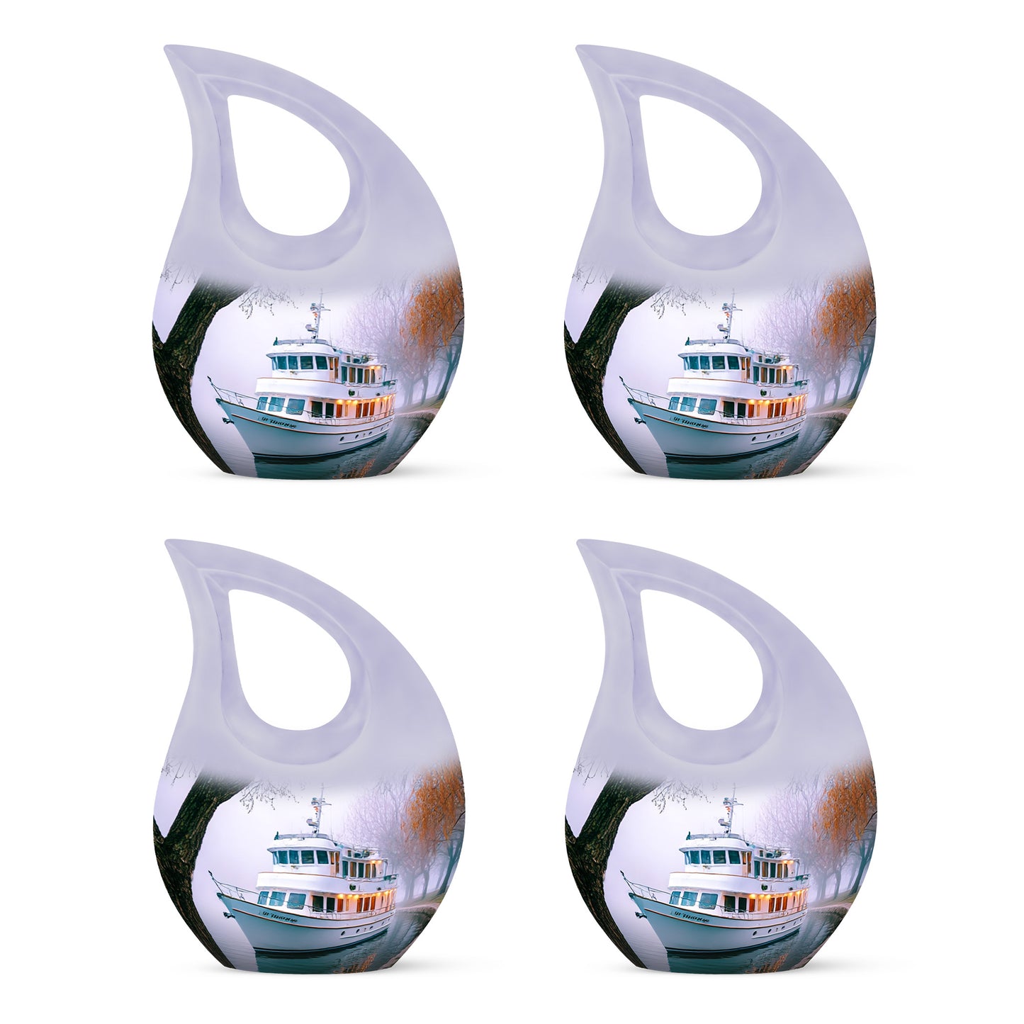 Porcelain White Boat Cremation Urn lifestyle display on memorial shelf - faith-inspired cross-drop urn with boat pattern - 10 inch aluminum urn for cremated remains