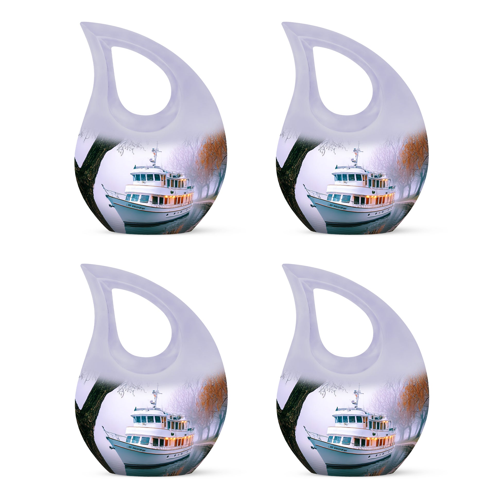 Porcelain White Boat Cremation Urn lifestyle display on memorial shelf - faith-inspired cross-drop urn with boat pattern - 10 inch aluminum urn for cremated remains