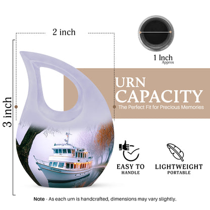 Pure White Boat Cremation Urn back view with polished surface - sacred cross merged with boat motif on metal - mini keepsake memorial for portion of cremation ashes