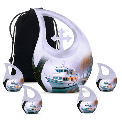 Snow White Boat Cremation Urn urn with complimentary velvet bag - cross and boat combined in spiritual memorial design - memorial set with one large and four small urns