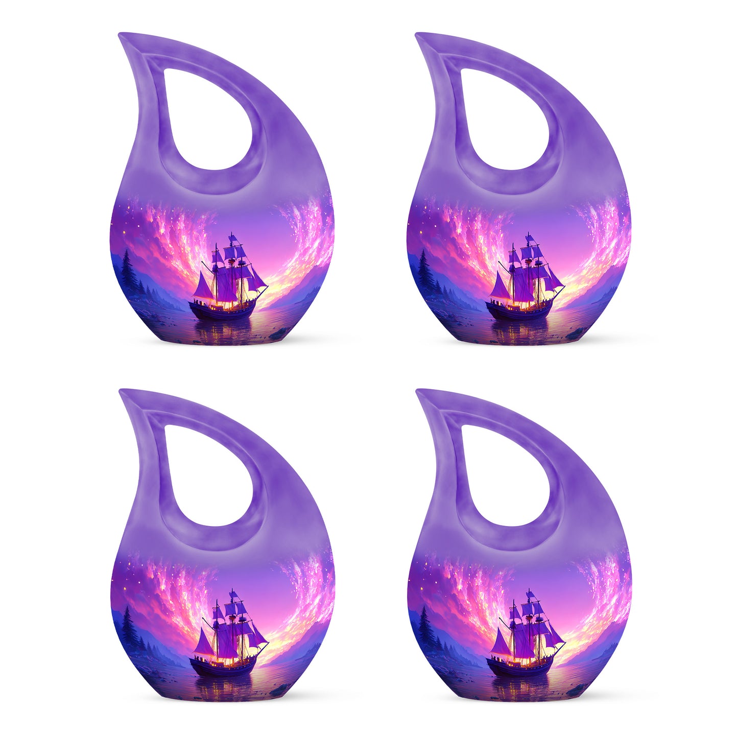 Majestic Purple Boat Cremation Urn lifestyle display on memorial shelf - cross and boat combined in spiritual memorial design - 10 inch aluminum urn for cremated remains