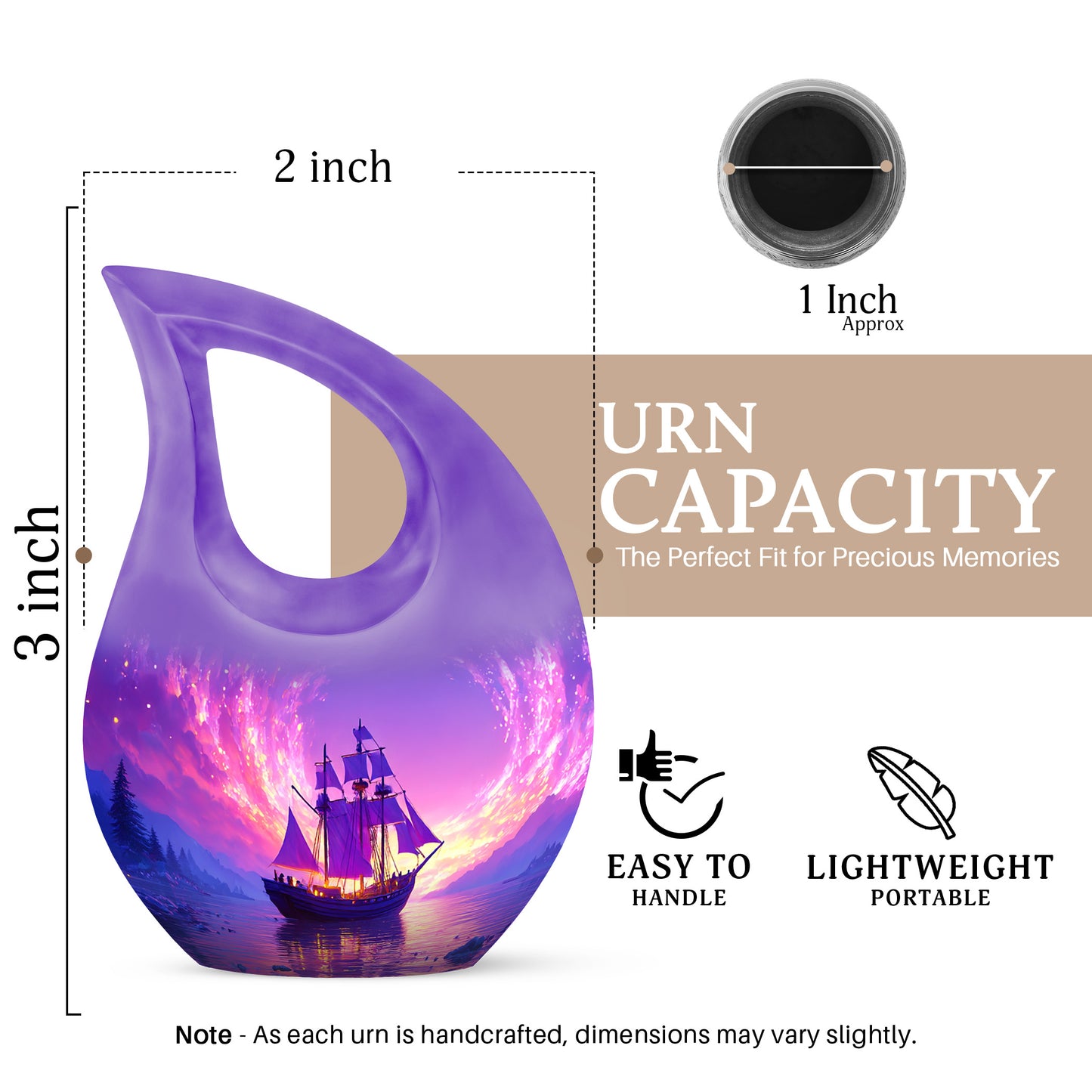 Deep Purple Boat Cremation Urn back view with polished surface - sacred cross merged with boat motif on metal - mini keepsake memorial for portion of cremation ashes