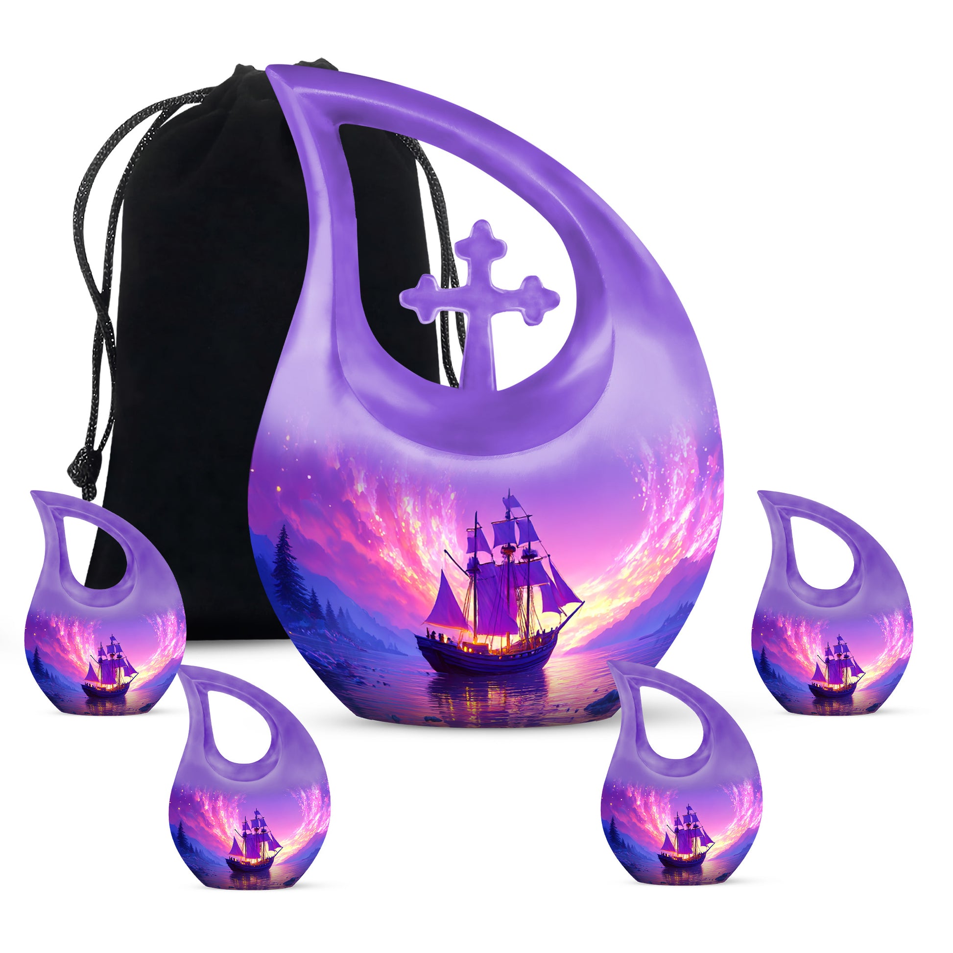 Amethyst Purple Boat Cremation Urn urn with complimentary velvet bag - cross and boat combined in spiritual memorial design - memorial set with one large and four small urns