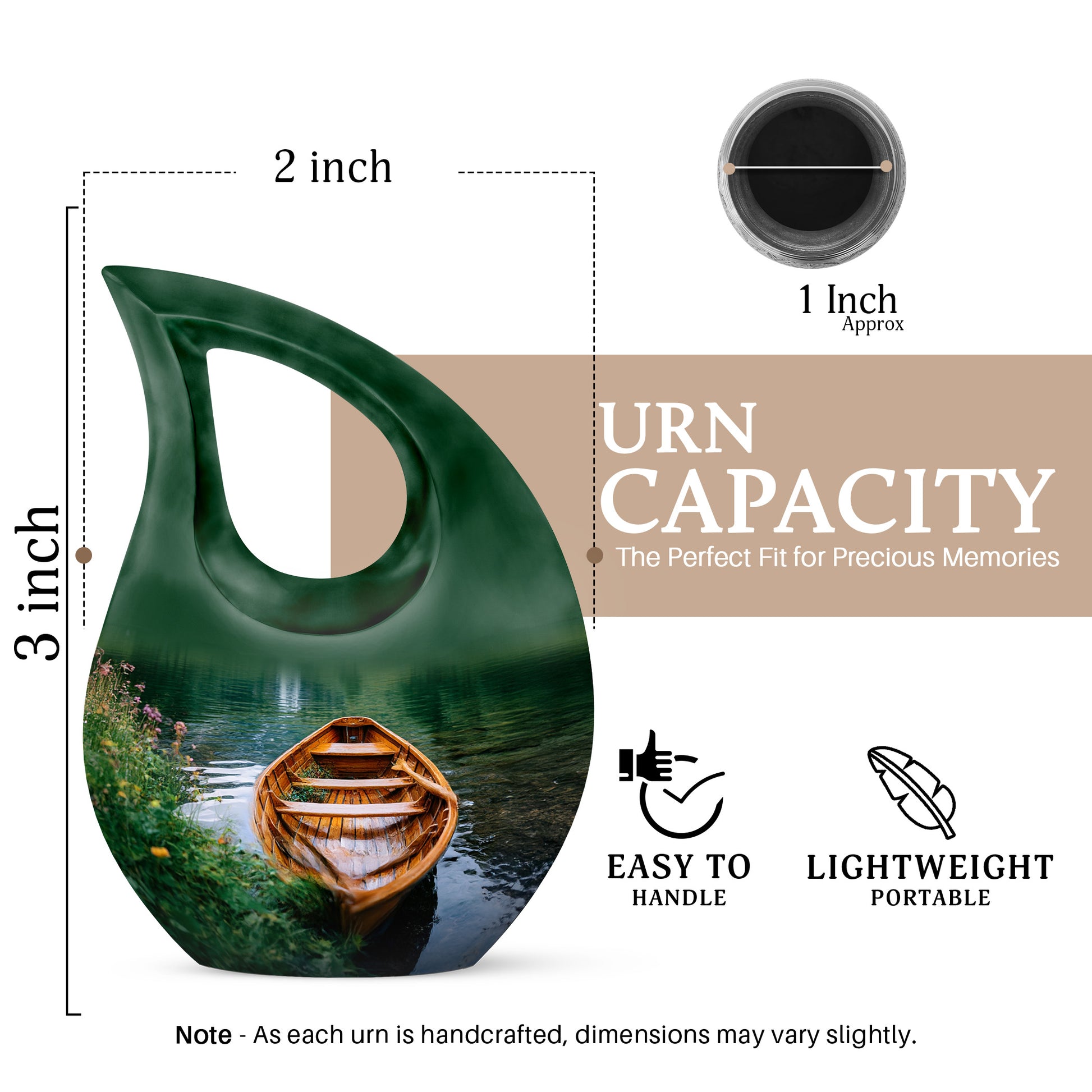 Pine Green Boat Cremation Urn back view with polished surface - devotional cross-drop boat engraving - mini keepsake memorial for portion of cremation ashes