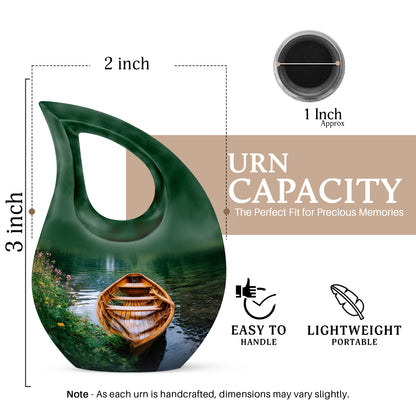 Pine Green Boat Cremation Urn back view with polished surface - devotional cross-drop boat engraving - mini keepsake memorial for portion of cremation ashes