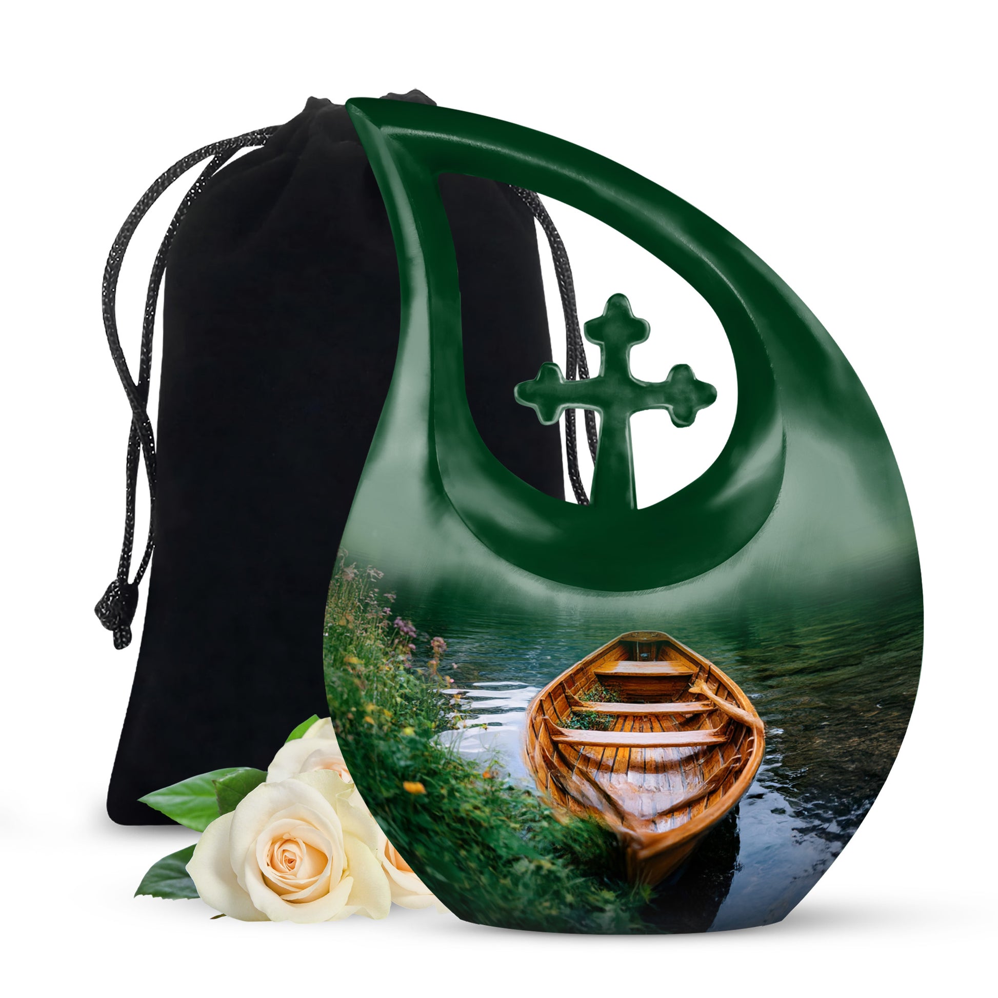 Jade Green Boat Cremation Urn top-down view of secure threaded lid - sacred cross merged with boat motif on metal - full-size 10 inch 200 cubic inch adult cremation urn