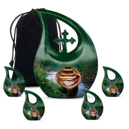Verdant Green Boat Cremation Urn urn with complimentary velvet bag - sacred cross merged with boat motif on metal - memorial set with one large and four small urns