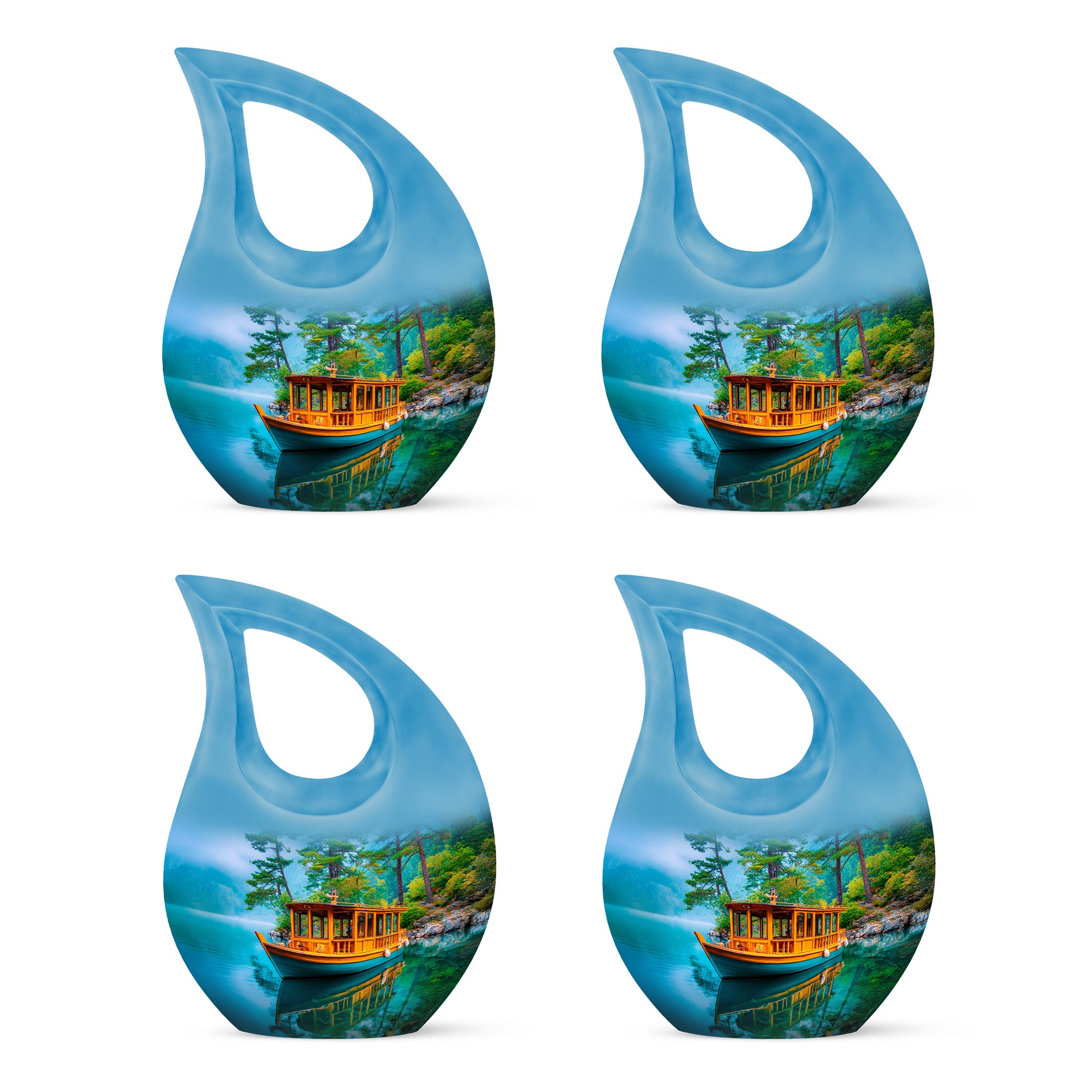Cool Teal Boat Cremation Urn lifestyle display on memorial shelf - cross and boat combined in spiritual memorial design - 10 inch aluminum urn for cremated remains