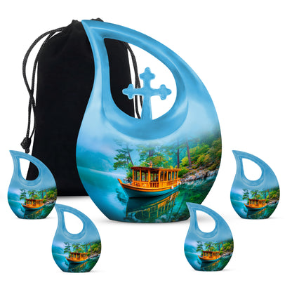 Ocean Teal Boat Cremation Urn urn with complimentary velvet bag - sacred cross merged with boat motif on metal - memorial set with one large and four small urns