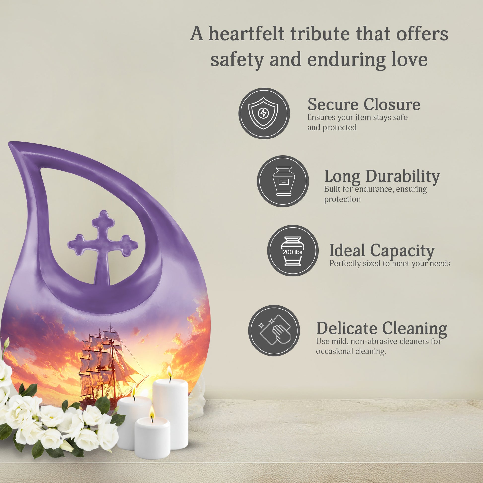 Sky Blue Boat Cremation Urn top-down view of secure threaded lid - cross and boat combined in spiritual memorial design - full-size 10 inch 200 cubic inch adult cremation urn
