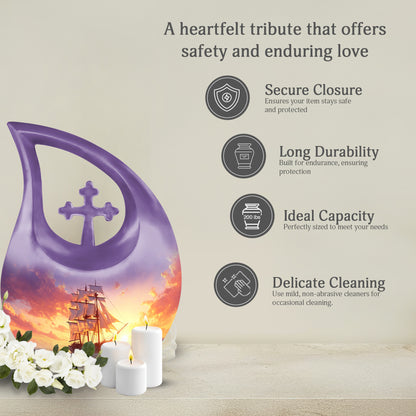 Sky Blue Boat Cremation Urn top-down view of secure threaded lid - cross and boat combined in spiritual memorial design - full-size 10 inch 200 cubic inch adult cremation urn