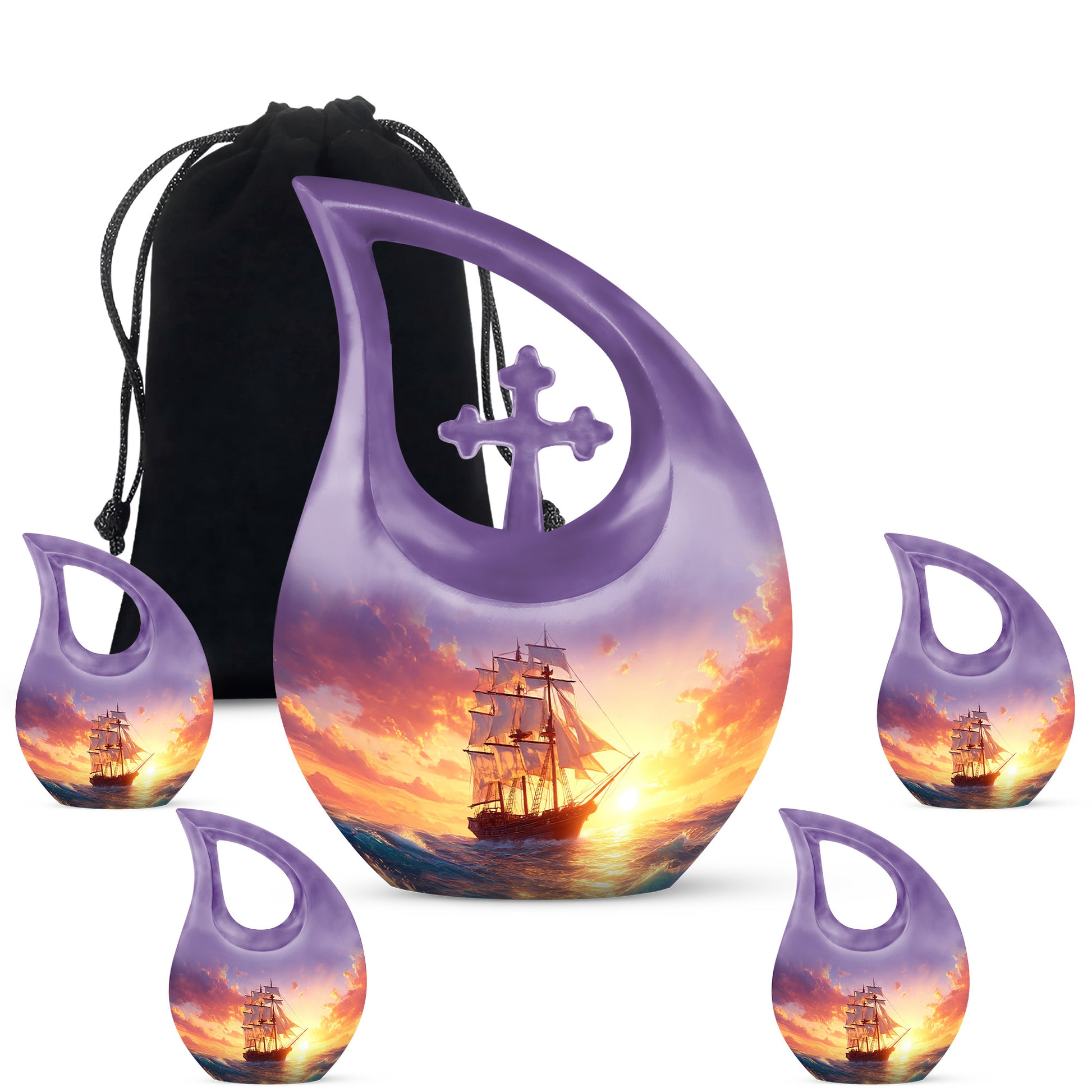 Cornflower Blue Boat Cremation Urn urn with complimentary velvet bag - devotional cross-drop boat engraving - memorial set with one large and four small urns