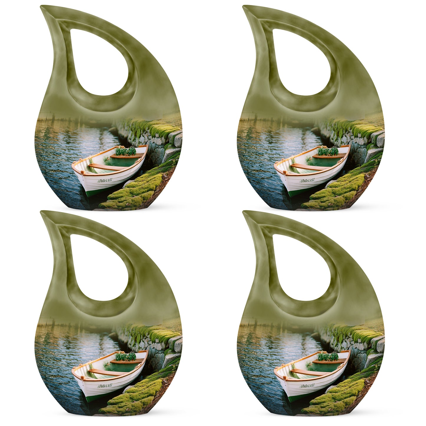 Harvest Yellow Boat Cremation Urn lifestyle display on memorial shelf - sacred cross merged with boat motif on metal - 10 inch aluminum urn for cremated remains