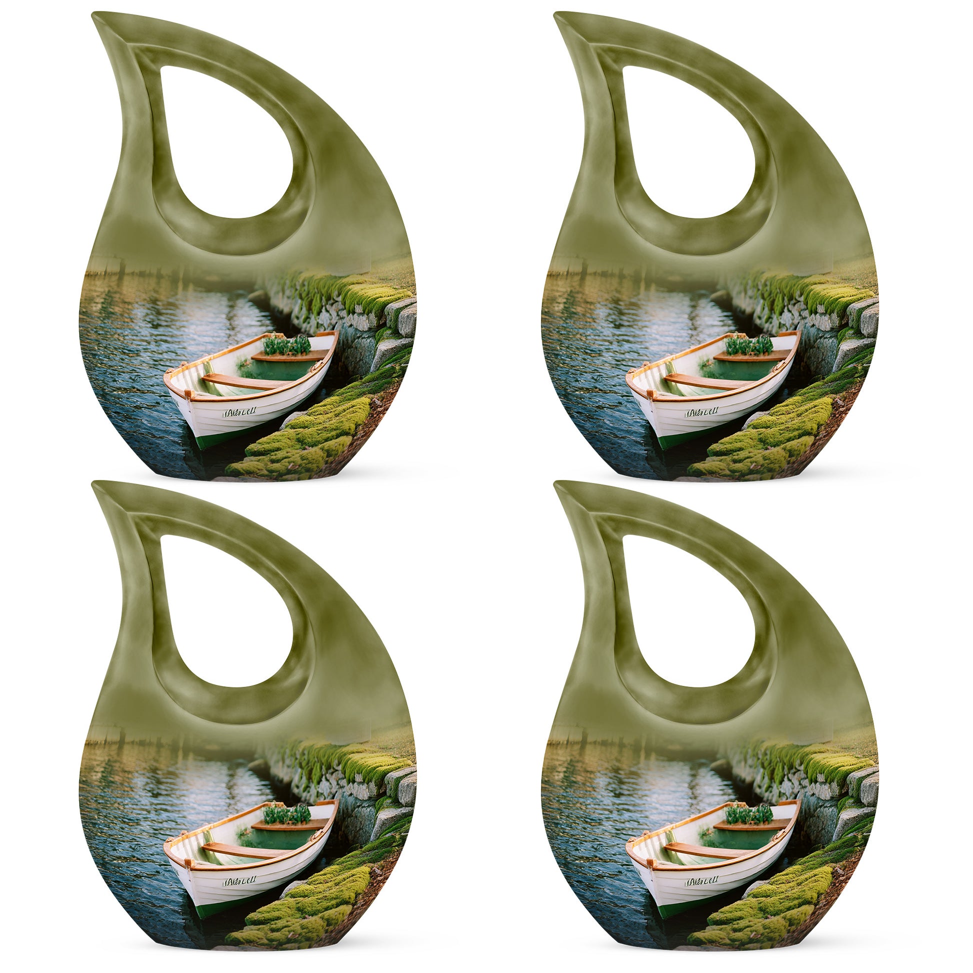 Harvest Yellow Boat Cremation Urn lifestyle display on memorial shelf - sacred cross merged with boat motif on metal - 10 inch aluminum urn for cremated remains