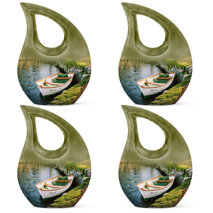 Harvest Yellow Boat Cremation Urn lifestyle display on memorial shelf - sacred cross merged with boat motif on metal - 10 inch aluminum urn for cremated remains