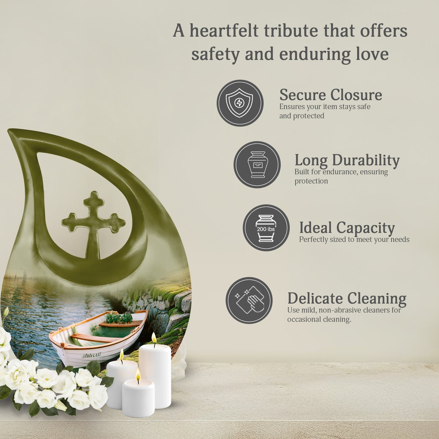 Amber Yellow Boat Cremation Urn top-down view of secure threaded lid - cross and boat combined in spiritual memorial design - full-size 10 inch 200 cubic inch adult cremation urn