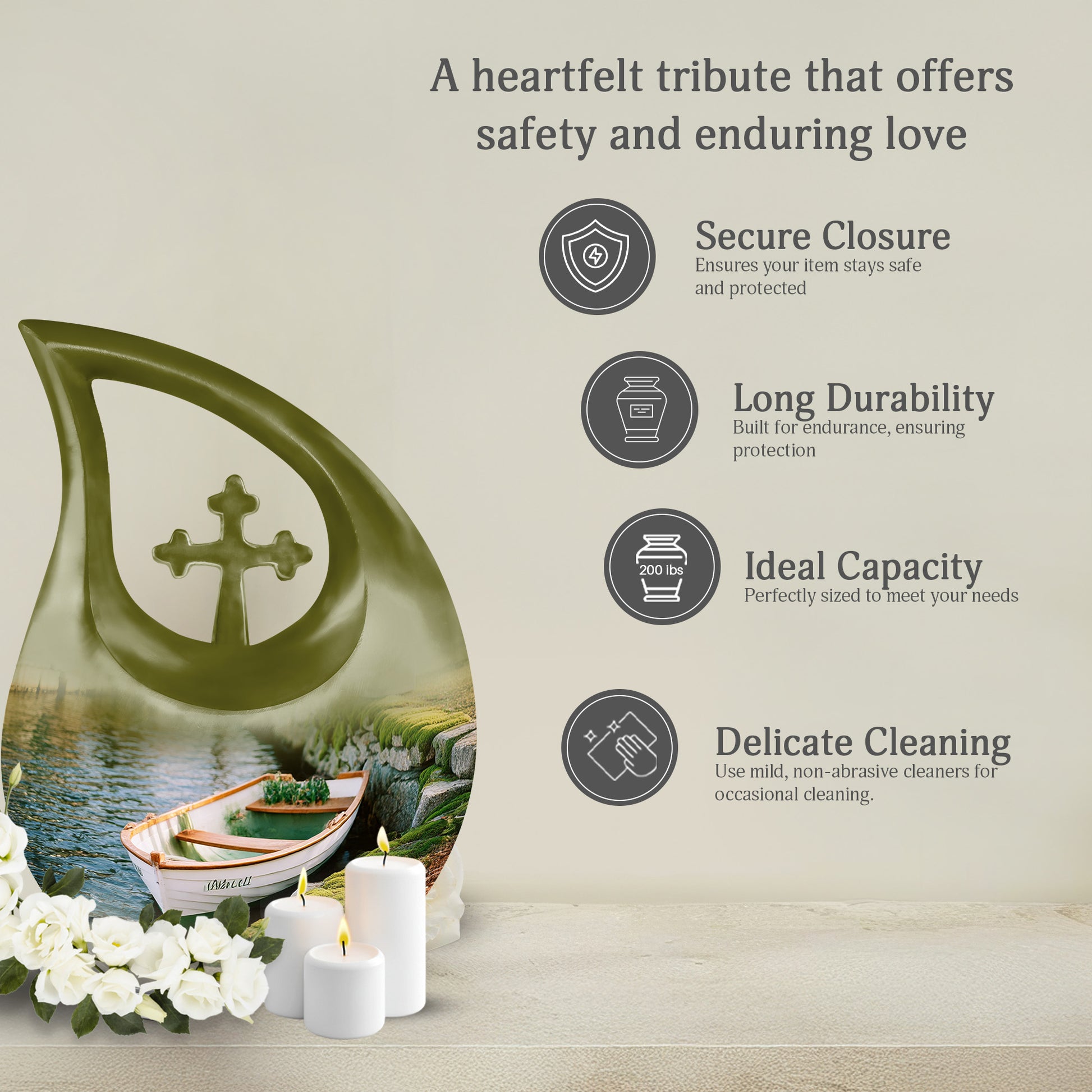Amber Yellow Boat Cremation Urn top-down view of secure threaded lid - cross and boat combined in spiritual memorial design - full-size 10 inch 200 cubic inch adult cremation urn