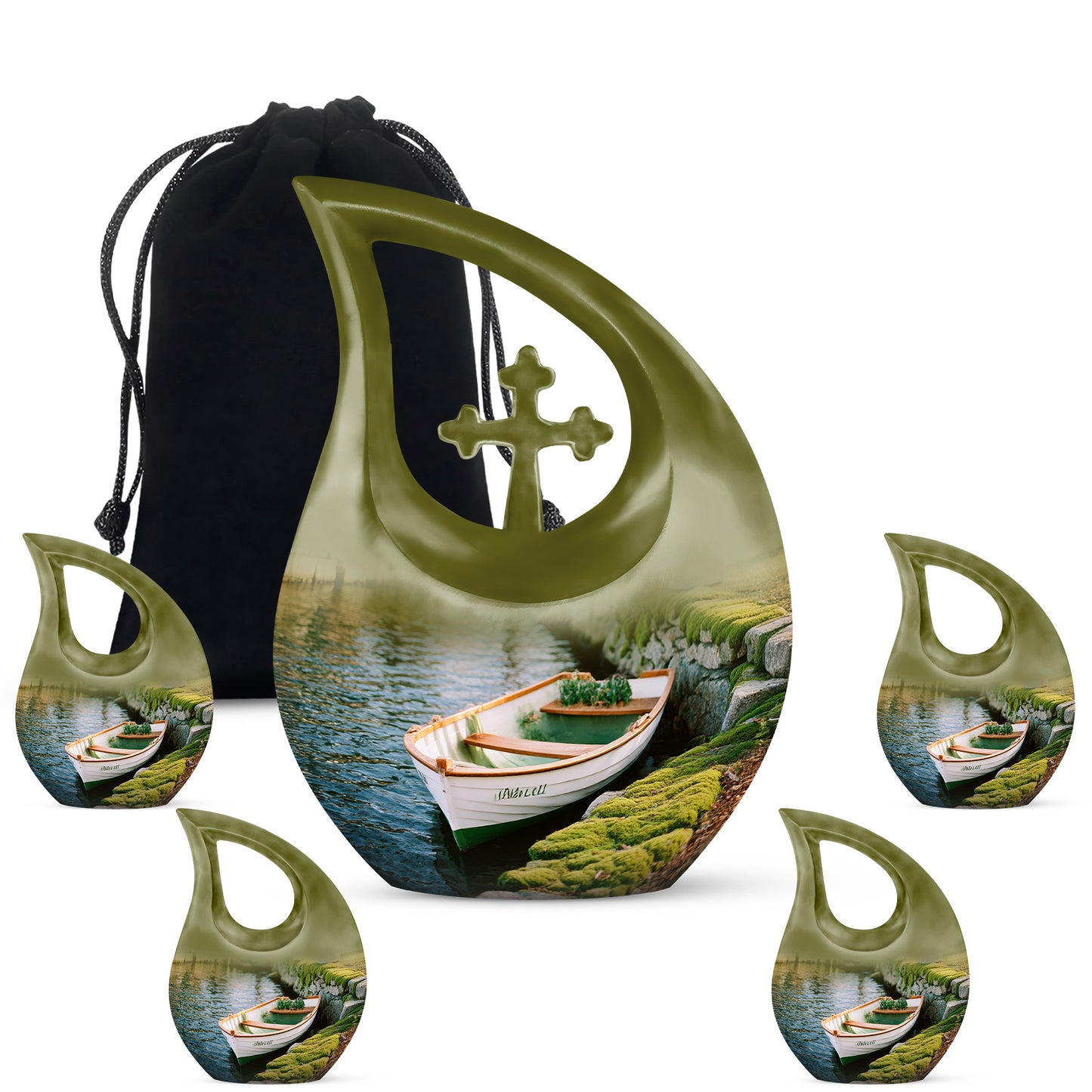 Amber Yellow Boat Cremation Urn urn with complimentary velvet bag - sacred cross merged with boat motif on metal - memorial set with one large and four small urns