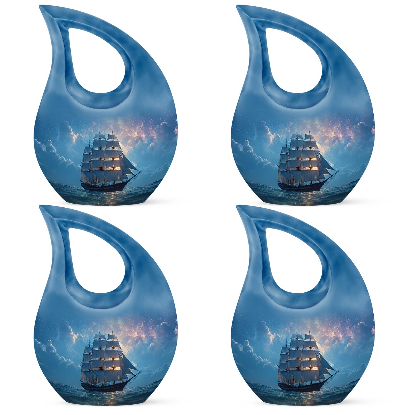 Navy Blue Boat Cremation Urn lifestyle display on memorial shelf - sacred cross merged with boat motif on metal - 10 inch aluminum urn for cremated remains